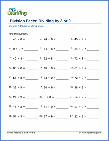 Grade 3 math worksheet - Division: dividing by 8 or 9 | K5 Learning