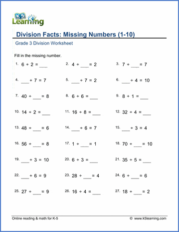 Grade 3 Division Worksheet subtraction - dividing by 1-10 with missing number