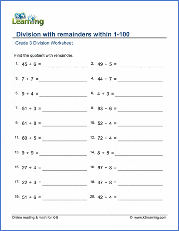 Grade 3 Division Worksheet subtraction - division with remainders within 1-100