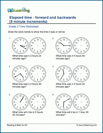 Grade 3 telling time Worksheet on elapsed time forward and backwards, 5 minute intervals