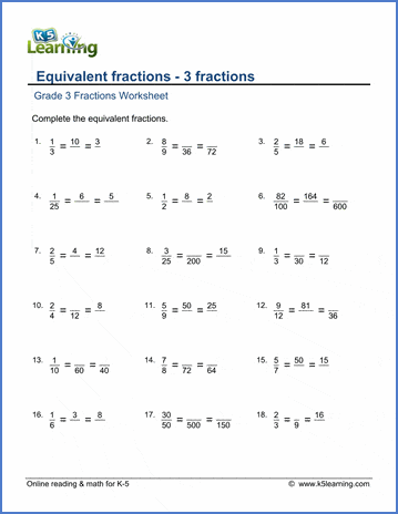 Grade 3 Fractions Worksheet: 3 equivalent fractions | K5 Learning