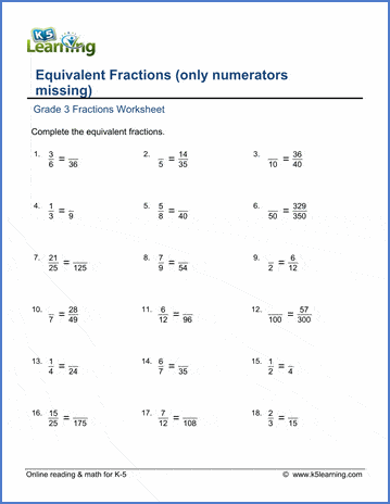 Grade 3 Fractions & decimals Worksheet equivalent fractions (numerators missing - harder)