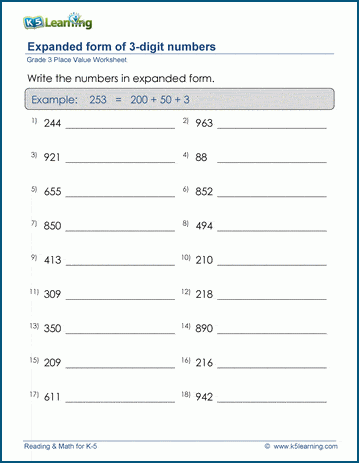 Grade 3 Expanded Form Worksheet: Write numbers in expanded form