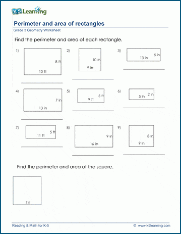 Area and perimeters of rectangles worksheets | K5 Learning