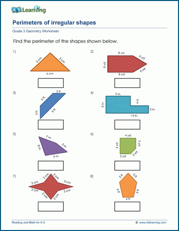 Perimeters of irregular shapes worksheets