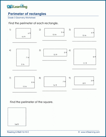 Perimeters of rectangles worksheets