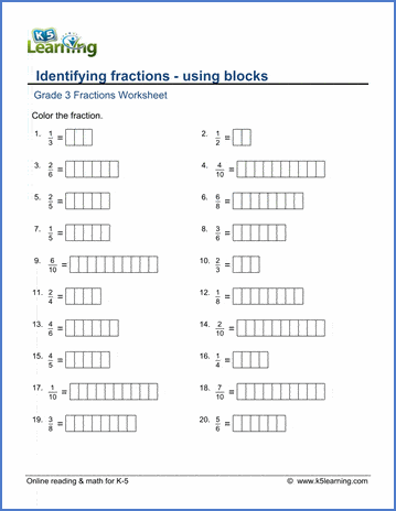 Grade 3 Fractions & decimals Worksheet identifying fractions using blocks