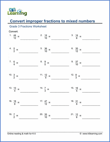 Grade 3 Fractions & decimals Worksheet convert fractions to mixed numbers