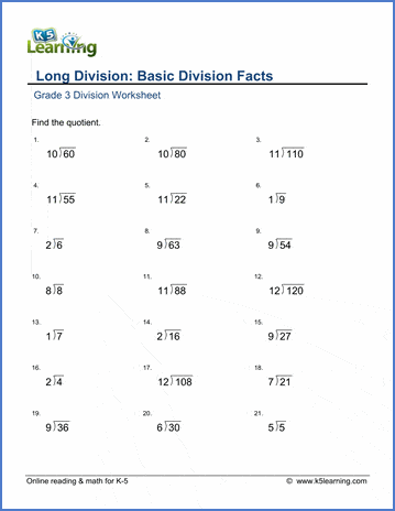Grade 3 Division Worksheet subtraction - long division: basic division facts
