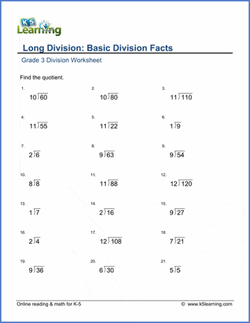 Grade 3 Math Worksheet - Long Division: Basic Division Facts | K5 Learning