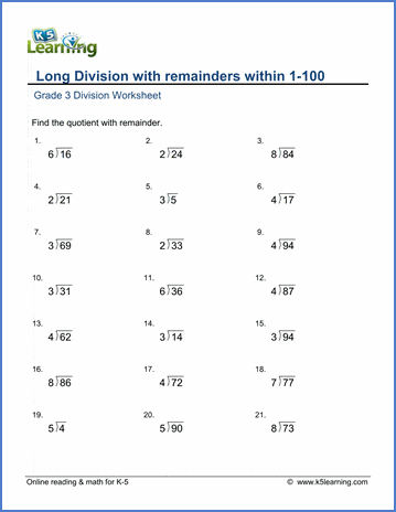 Grade 3 Division Worksheet subtraction - long division with remainders within 1-100