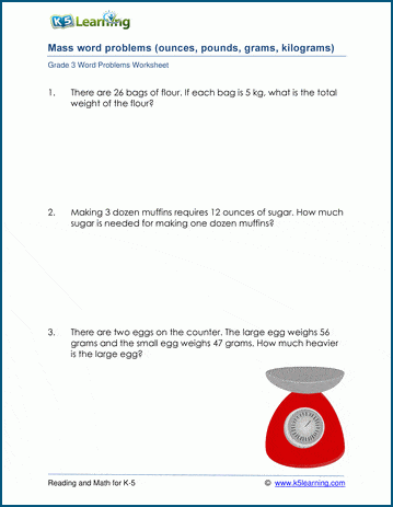 Grade 3 Mass and Weight Word Problem Worksheets
