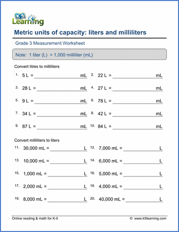 Grade 3 Measurement Worksheet convert between liters and milliliters
