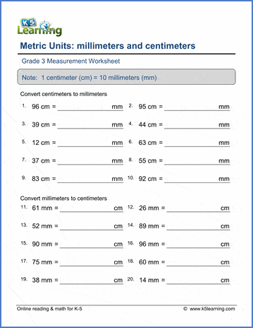 Grade 3 Measurement Worksheet convert between centimeters and millimeters