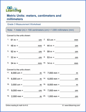 Grade 3 Measurement Worksheet convert between meters, centimeters and millimeters