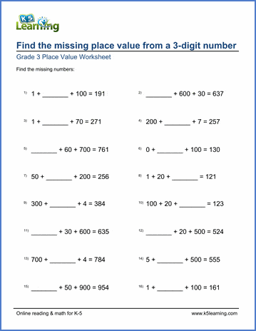 Grade 3 Place value Worksheet find the missing place value from a 3-digit number