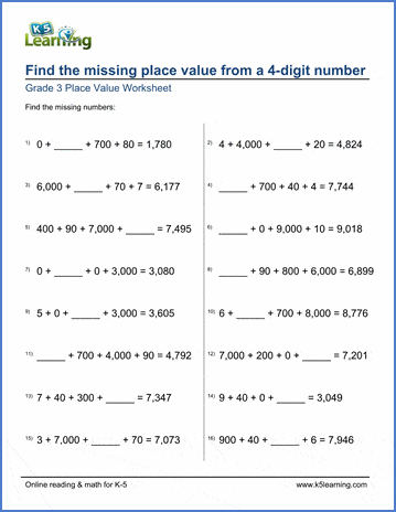 Grade 3 Place Value Worksheet Find The Missing Place Value 4 Digit K5 Learning