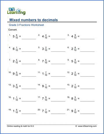 Grade 3 Fractions & decimals Worksheet convert mixed numbers to decimals