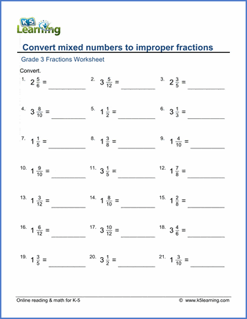 Grade 3 Math Worksheet: Convert Mixed Numbers To Improper Fractions | K5 Learning