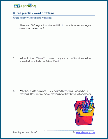 Grade 3 Word Problem Worksheet with mixed addition, subtraction, multiplication and division word problems