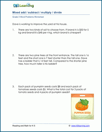 Grade 3 Word Problem Worksheet with mixed mental math word problems