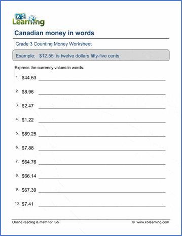 Grade 3 Counting money Worksheet on writing Canadian money in words - numbers to words
