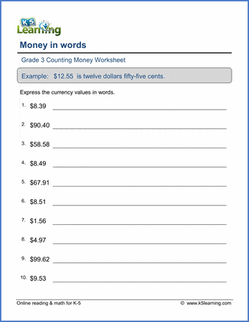 Grade 3 Counting money Worksheet on money in words: numbers to words