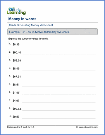 Money in words worksheets | K5 Learning