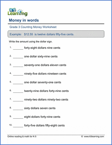 Grade 3 Counting money Worksheet on money in words: words to numbers