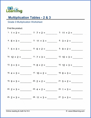 Grade 3 Math Worksheet Multiplication Tables 2 3 K5 Learning