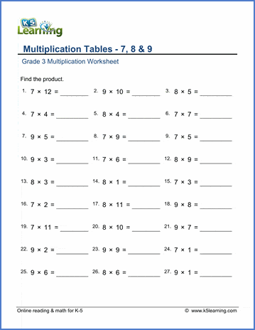 Grade 3 Multiplication Worksheet multiplication tables 7, 8 & 9