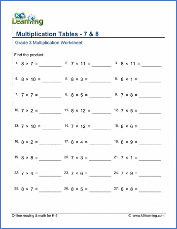 Grade 3 Multiplication Worksheet multiplication tables 7 & 8