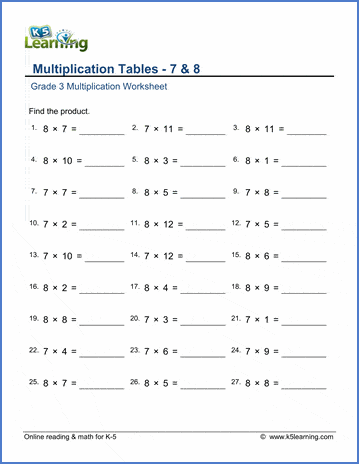 Grade 3 math worksheet - Multiplication tables 7 & 8 | K5 Learning