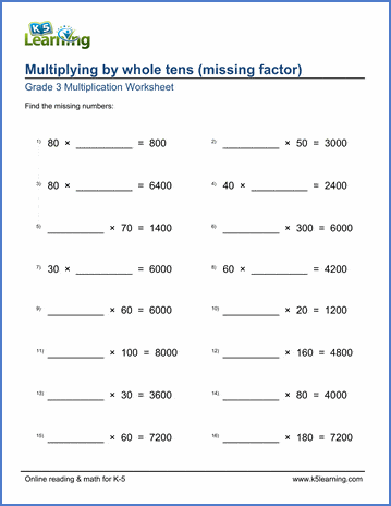 Grade 3 Multiplication Worksheet multiplying by whole tens (missing factor)