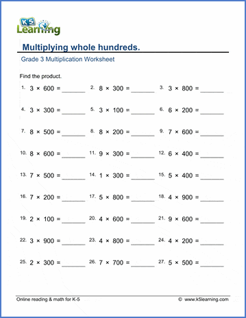 Grade 3 Multiplication Worksheet multiplying by hundreds