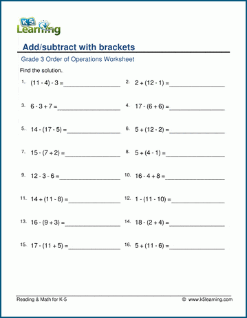 Grade 3 order of operations Worksheet add/subtract with parenthesis - 3 numbers