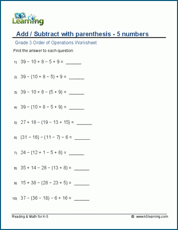 Grade 3 order of operations Worksheet add/subtract with parenthesis - 5 numbers