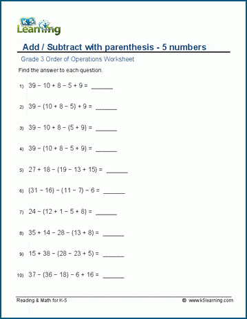 Order of operations with five numbers worksheets