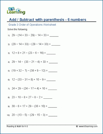 Order of operations with six numbers worksheets