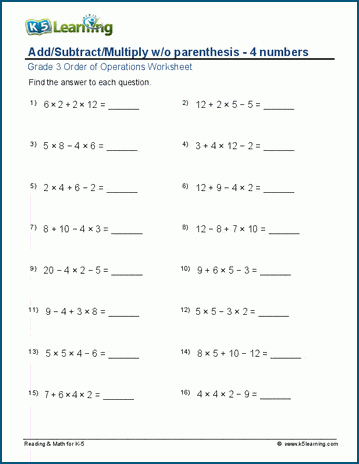 Order of operations with no parenthesis worksheets