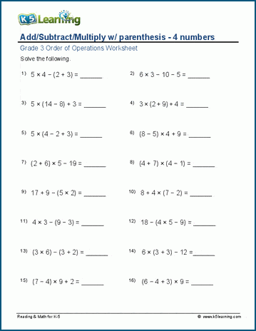 Grade 3 order of operations Worksheet add/subtract/multiply with parenthesis - 4 numbers