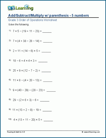 Grade 3 order of operations Worksheet add/subtract/multiply with parenthesis - 5 numbers