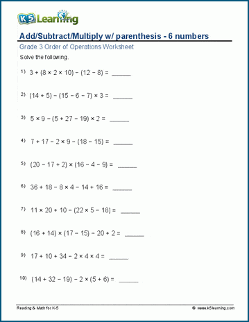 Grade 3 order of operations Worksheet add/subtract/multiply with parenthesis - 6 numbers