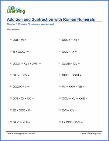 Roman Numerals Worksheet: Addition and Subtraction up to 50 | K5 Learning