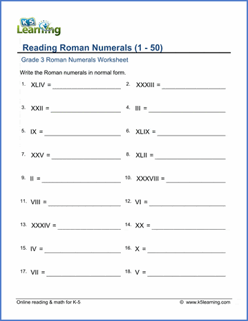 Grade 3 Roman numerals Worksheet reading Roman numerals 1-50