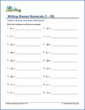 Grade 3 Roman numerals Worksheet writing Roman numerals 1-50