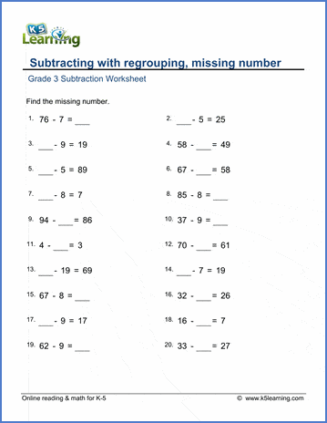 Grade 3 Subtraction Worksheet subtracting a 1-digit from a 2-digit number with missing number