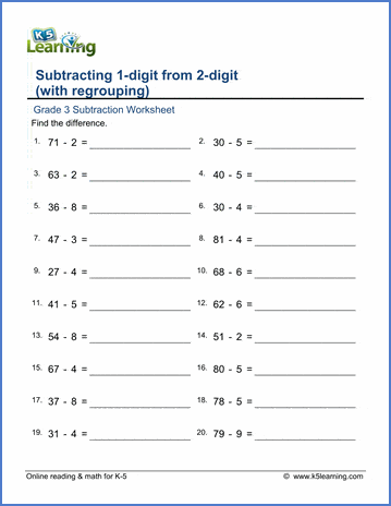 Grade 3 Subtraction Worksheet subtracting a 1-digit from a 2-digit number with regrouping