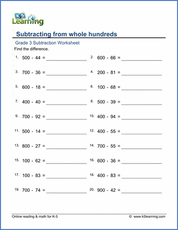 Grade 3 Subtraction Worksheet subtracting 2-digit numbers from whole hundreds