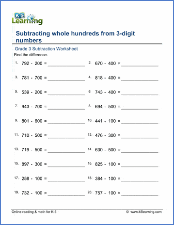 Grade 3 Subtraction Worksheet subtracting whole hundreds from 3-digit numbers